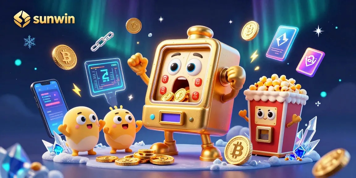 Experience sunwin's thrilling jackpot action with vibrant slot machines and glowing crypto elements.