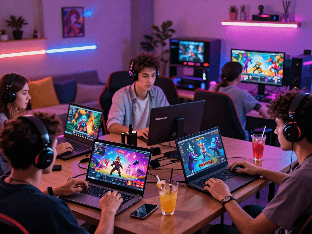 Exciting gamers enjoying HTML porn games in a vibrant gaming room.