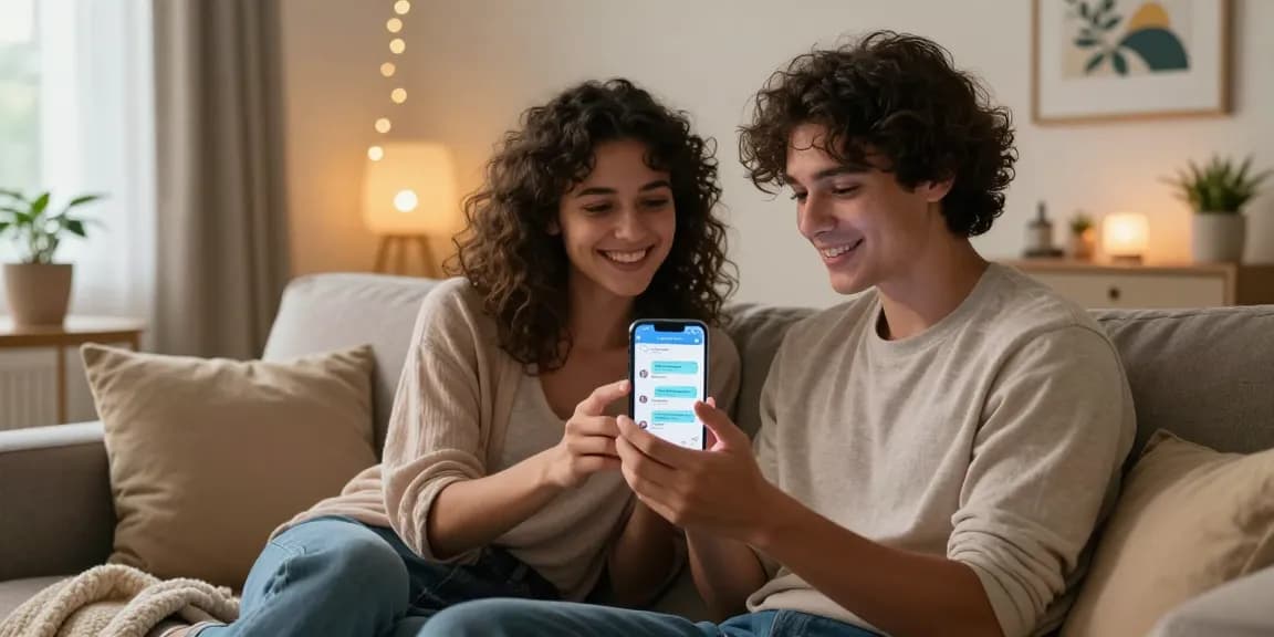 Engaging in ai sex chat on a smartphone, showcasing playful interaction in a cozy living room environment.