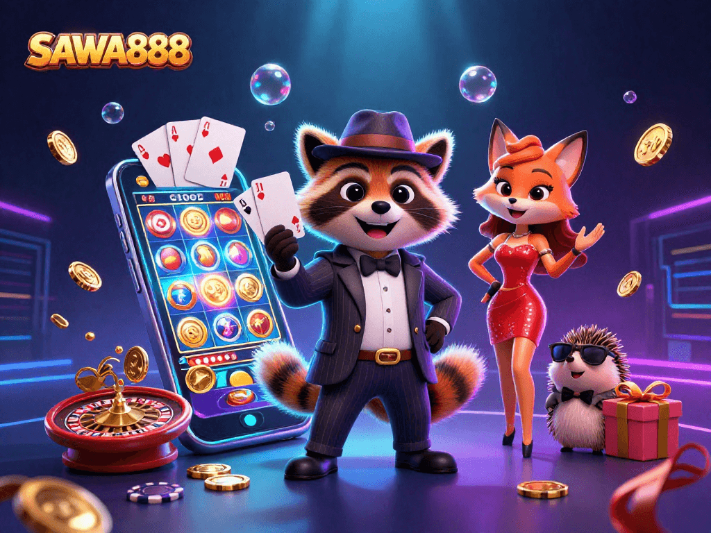 SAWA888 offers a vibrant scene of playful gambling with charming characters and engaging slot games.