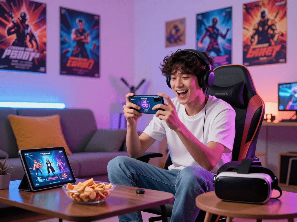 Engaging player immersed in mobile porn games with vibrant gaming setup.