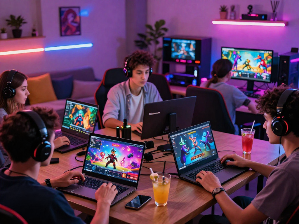 Exciting gamers enjoying HTML porn games in a vibrant gaming room.