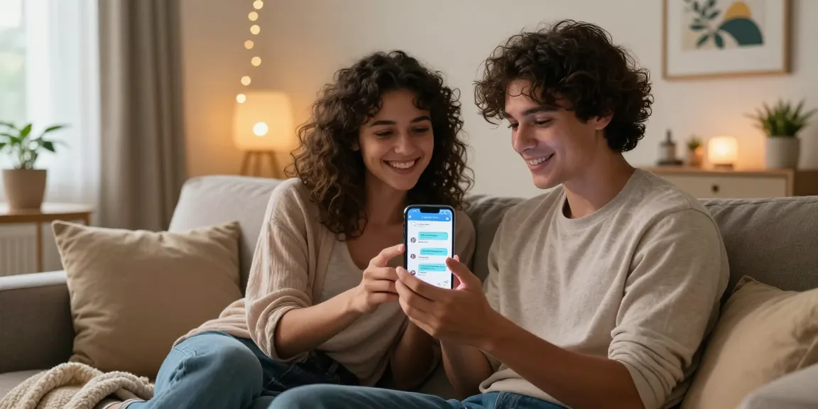 Engaging in ai sex chat on a smartphone, showcasing playful interaction in a cozy living room environment.