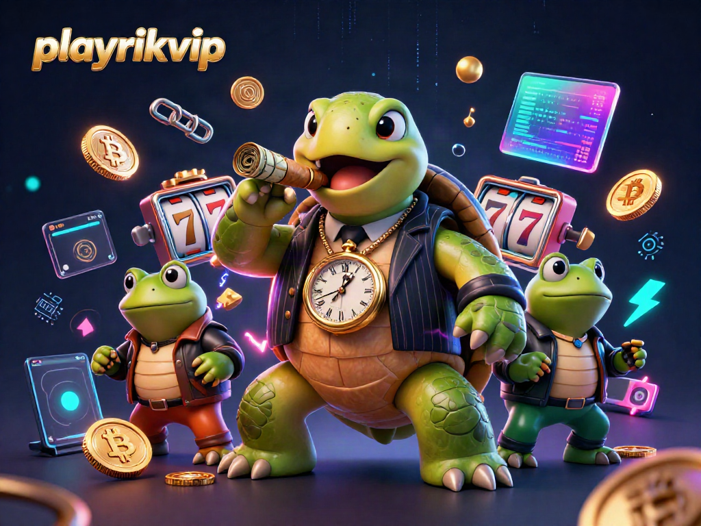 Engage in thrilling playrikvip casino action with a vivid scene featuring colorful slot machines and 3D characters.