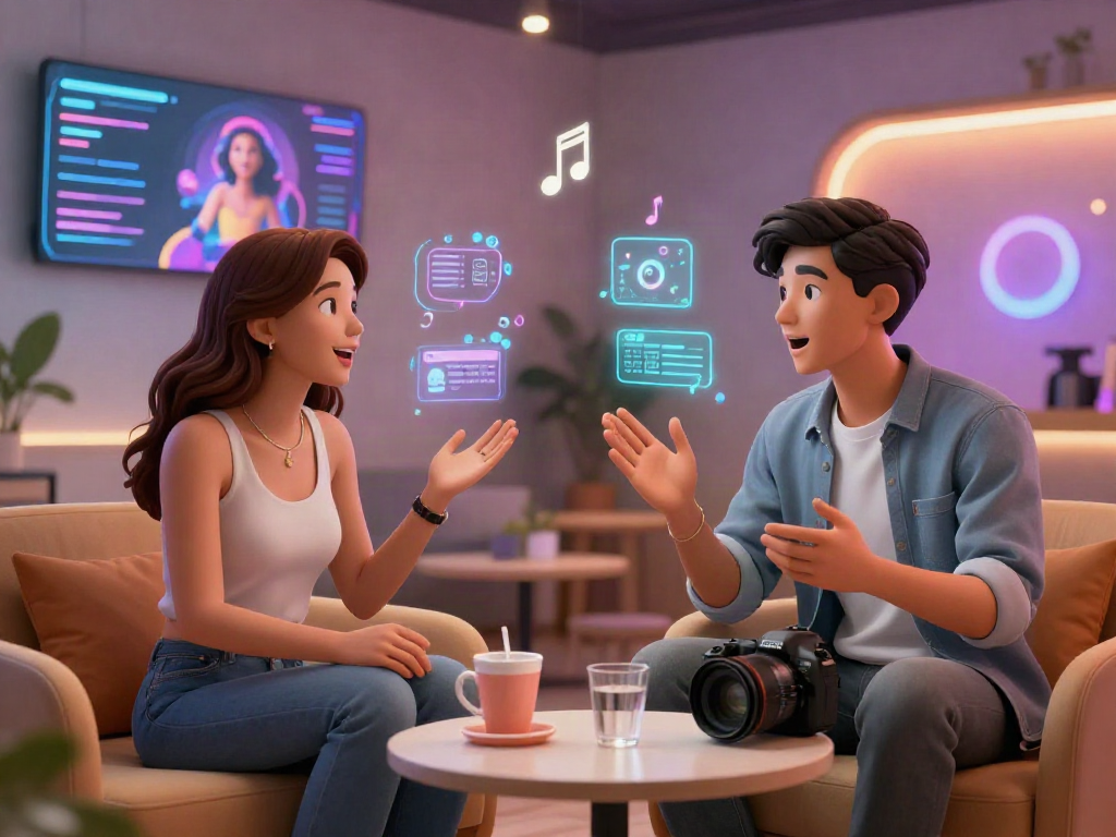 Engaging avatars in a cozy digital lounge discussing ai sex chat in a warm atmosphere