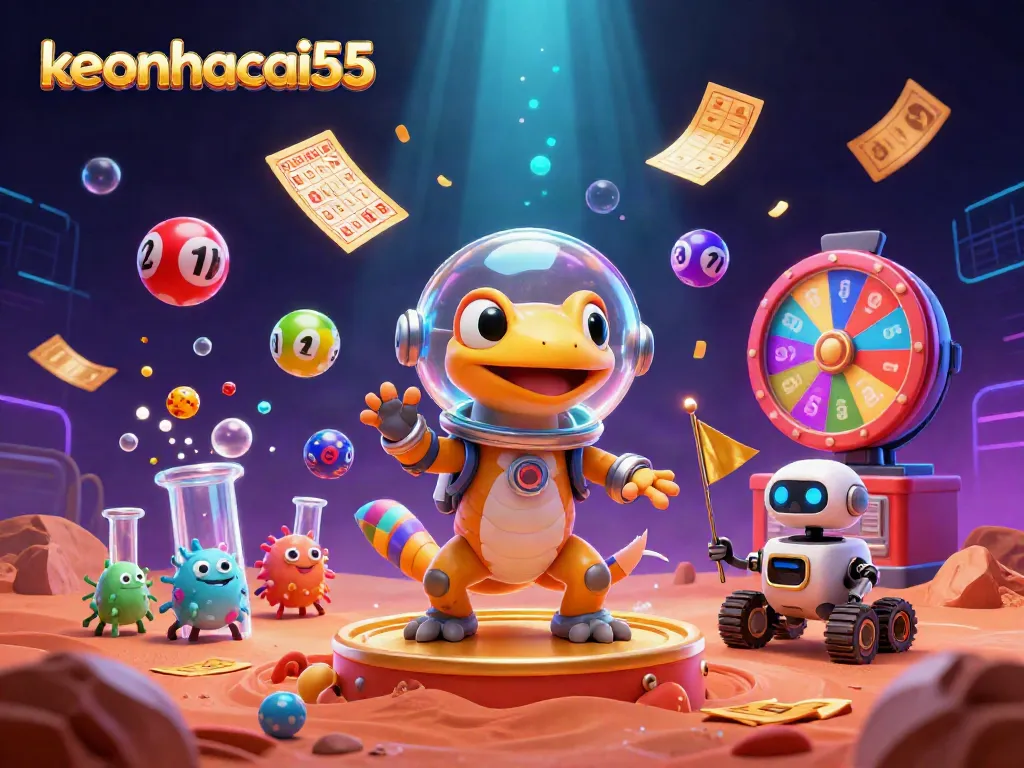 Win big with keonhacai55 as a Martian gecko discovers a golden casino in this vibrant 3D scene.