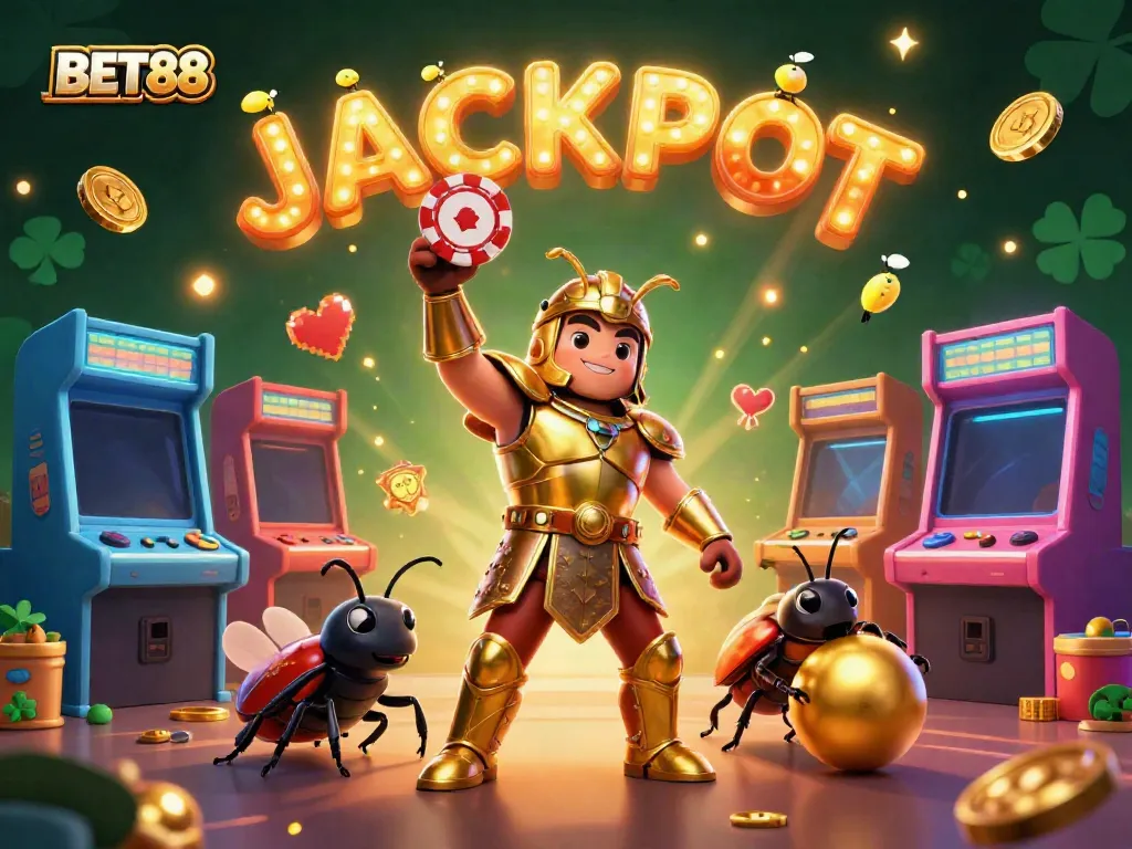 BET88's victorious cartoon heroes celebrate a jackpot amidst vibrant gaming elements and golden sparkles.