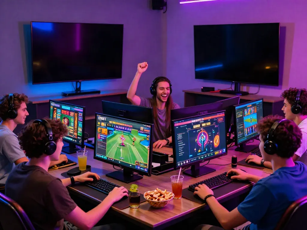 Exciting online gaming atmosphere at DEBET featuring friends playing various games and enjoying a vibrant environment.