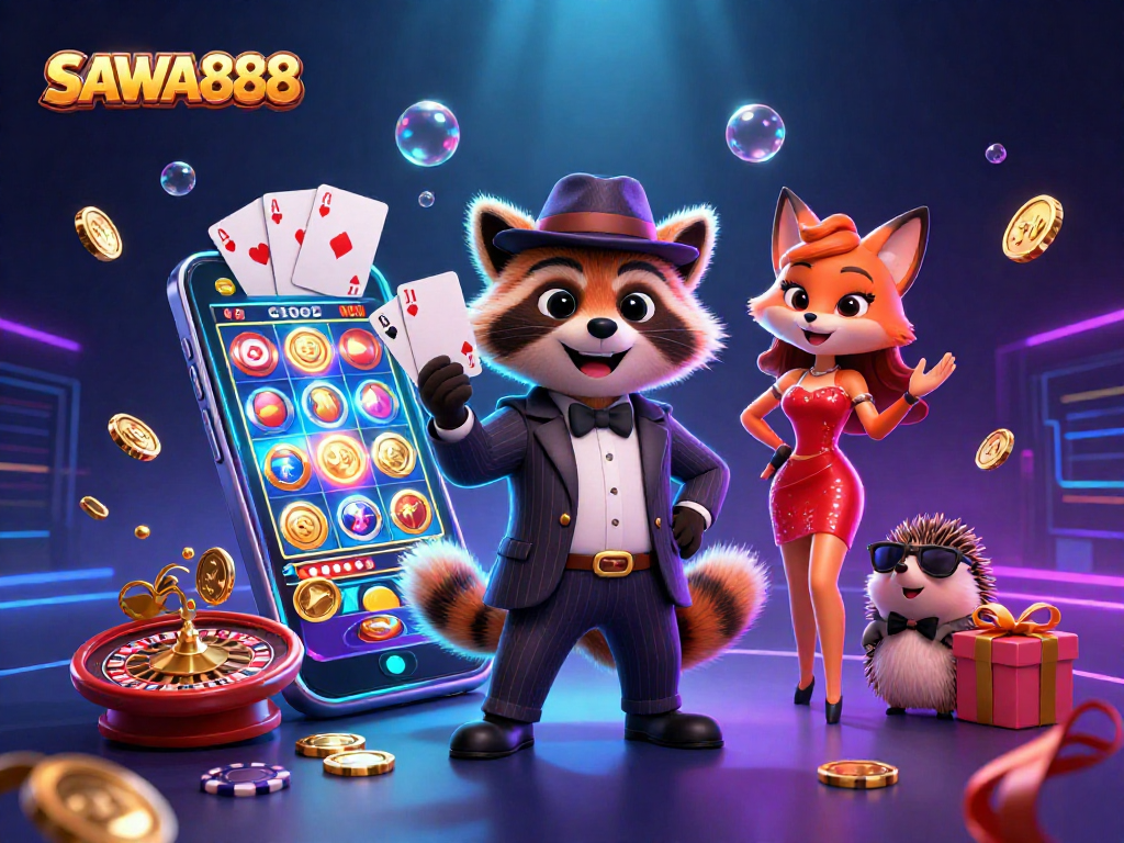 SAWA888 offers a vibrant scene of playful gambling with charming characters and engaging slot games.