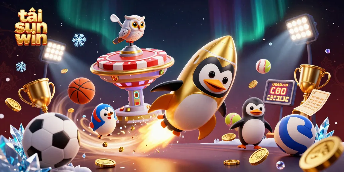Experience the thrilling world of tải sun win with this dynamic casino illustration featuring a golden penguin and sports elements.