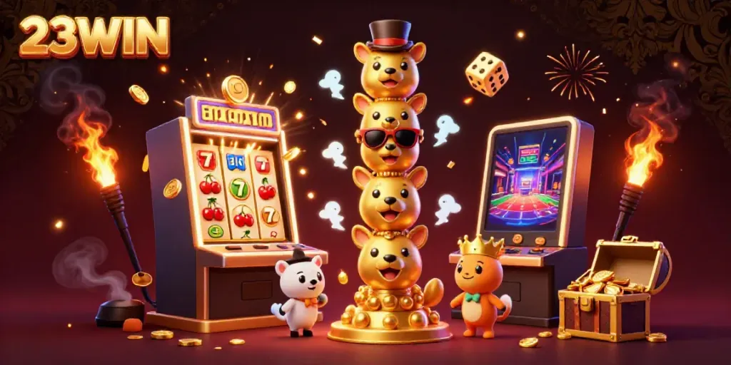 Experience the vibrant world of 23WIN with a golden totem pole and jackpot fireworks in this stunning illustration.
