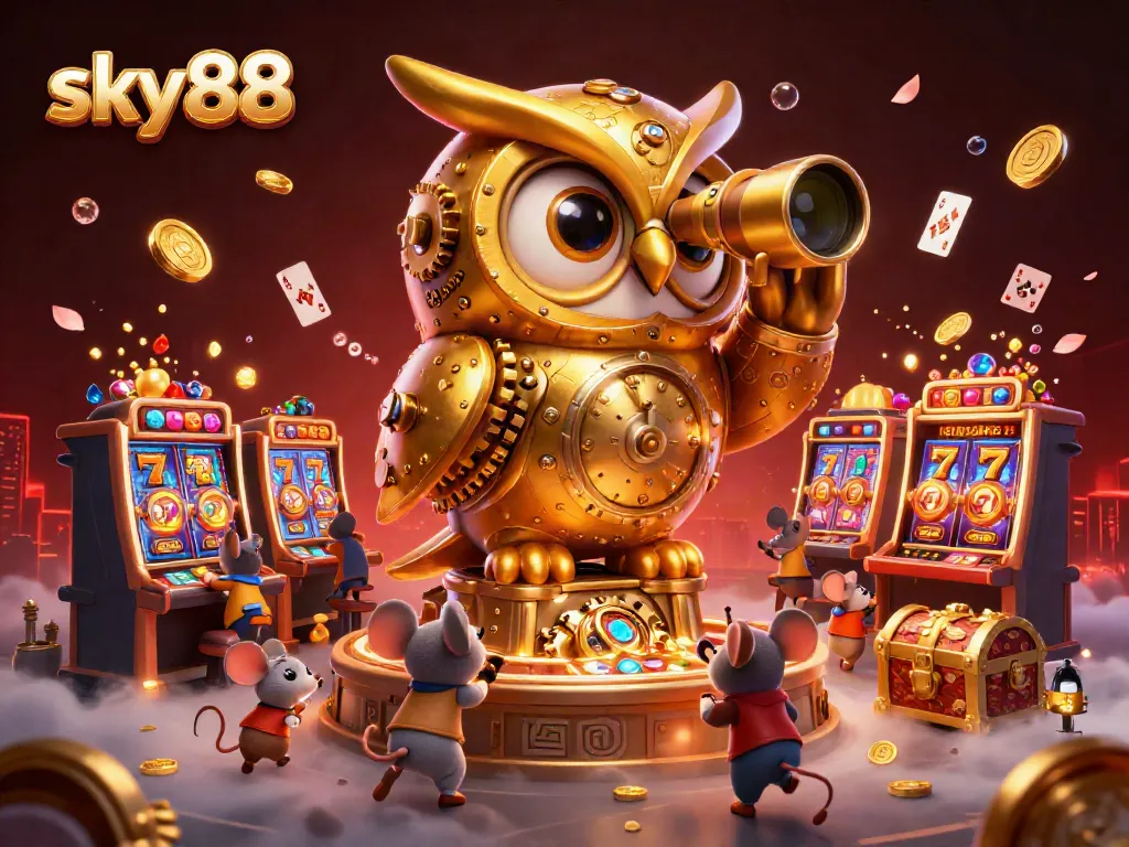 Experience thrilling gameplay at sky88 with a vibrant casino scene featuring a clockwork owl and interactive slots.