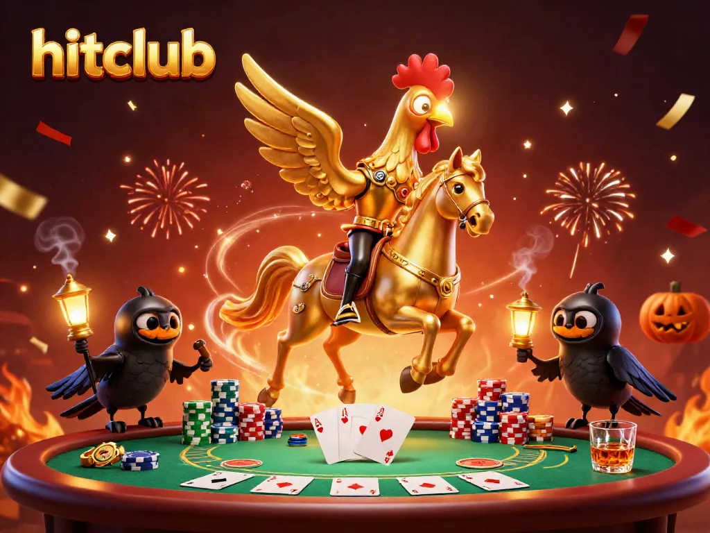 Experience the thrilling hitclub casino atmosphere with golden rooster and crow characters amidst poker elements.