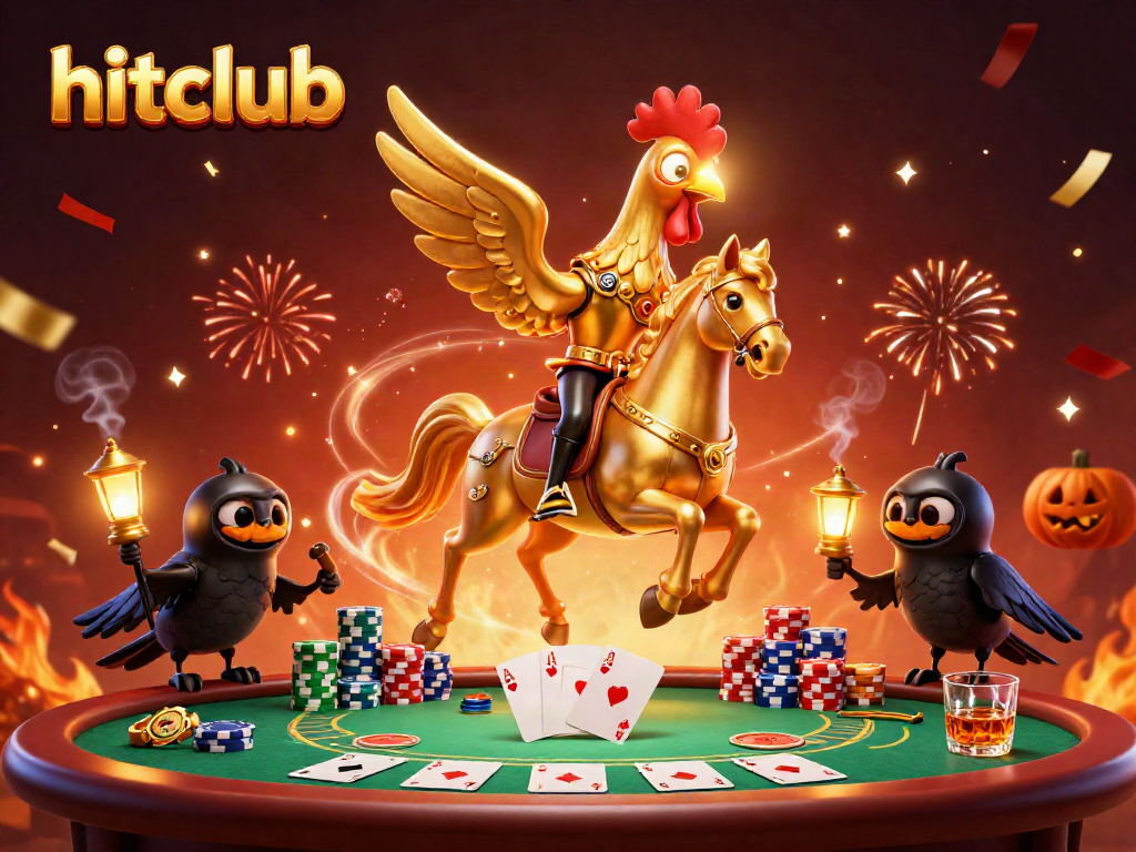 Experience the thrilling hitclub casino atmosphere with golden rooster and crow characters amidst poker elements.