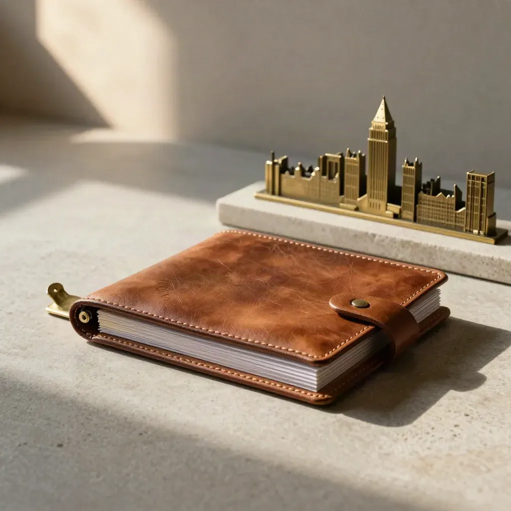 Leather portfolio, tabbed dividers, brass clip and London skyline model on pale stone.