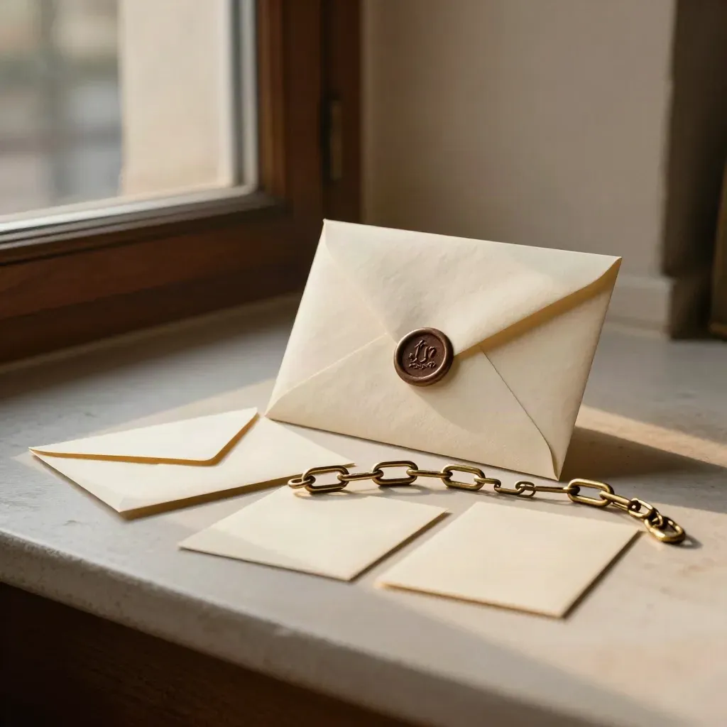 Ivory envelopes, face-down cards, and brass link on a pale plaster windowsill in warm afternoon light