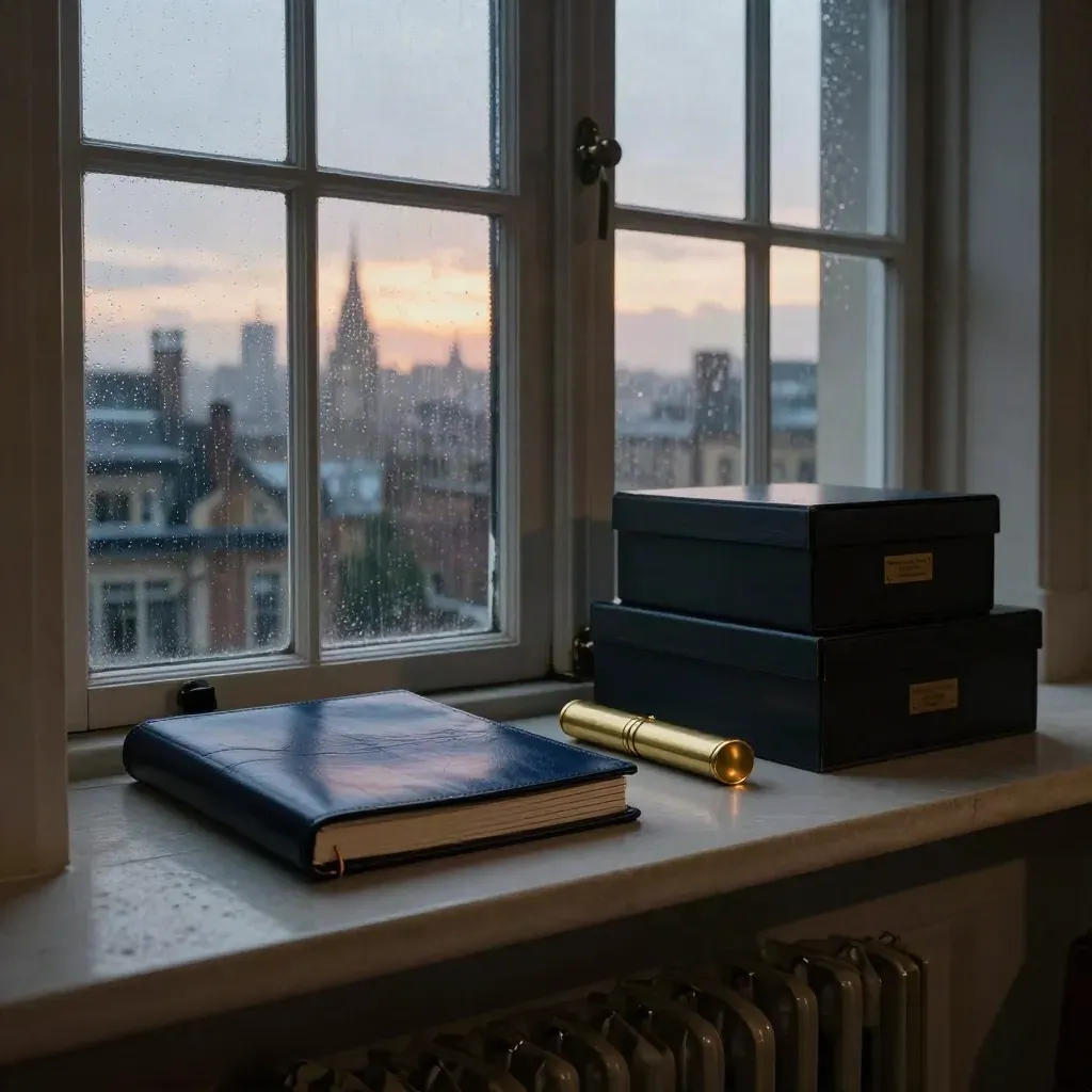 Closed navy deal folio and brass case beside rain-wet Georgian windows over London rooftops