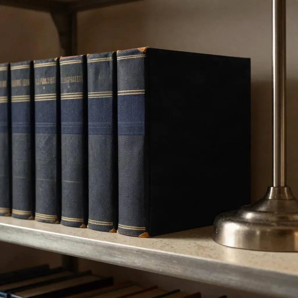 Dark archival boxes beside a brushed-metal lamp on a shelf, shot low with dust in the air.