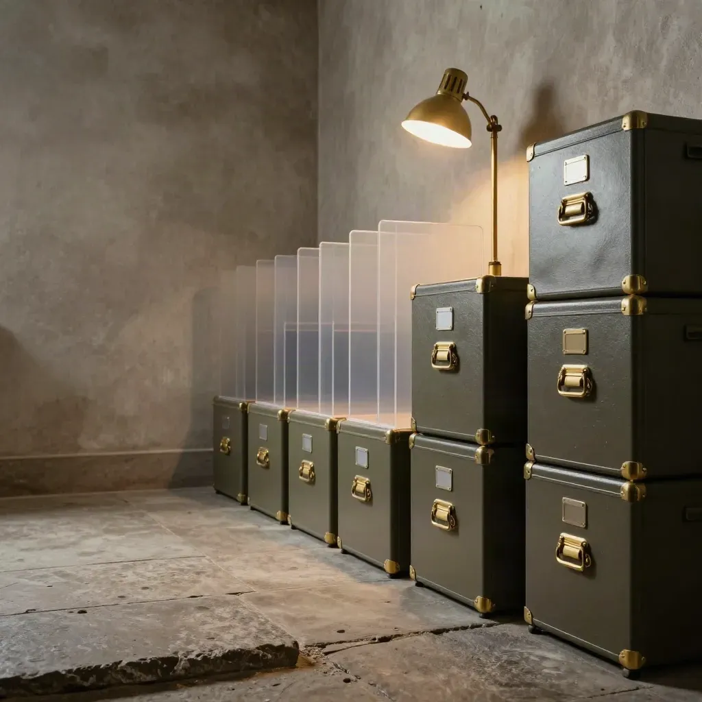 Cellar-like archive room with locked storage cases, clear dividers and a warm brass lamp on stone.