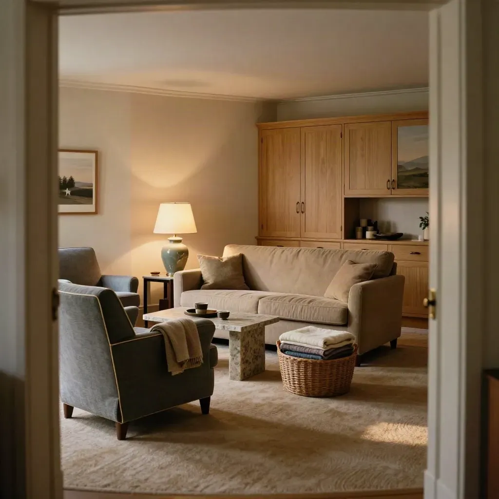 Empty care-home lounge with glowing lamp, slate chairs and folded throws, seen from a doorway.