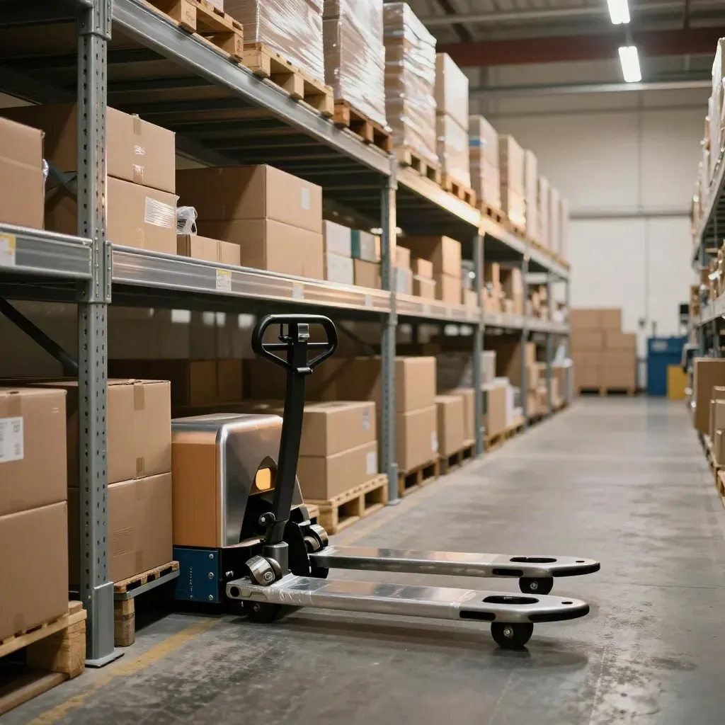 Clean warehouse packing line with shelving, sealed cartons and a parked pallet jack