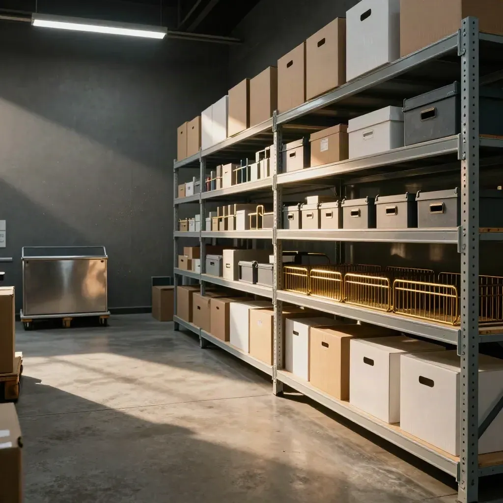 Audit-ready retail stockroom with sorted crates, steel shelving and raking strip light