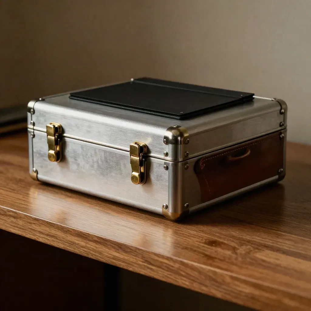 Brushed-steel index case, matte black clips, and leather archive spine on walnut in dramatic low light.