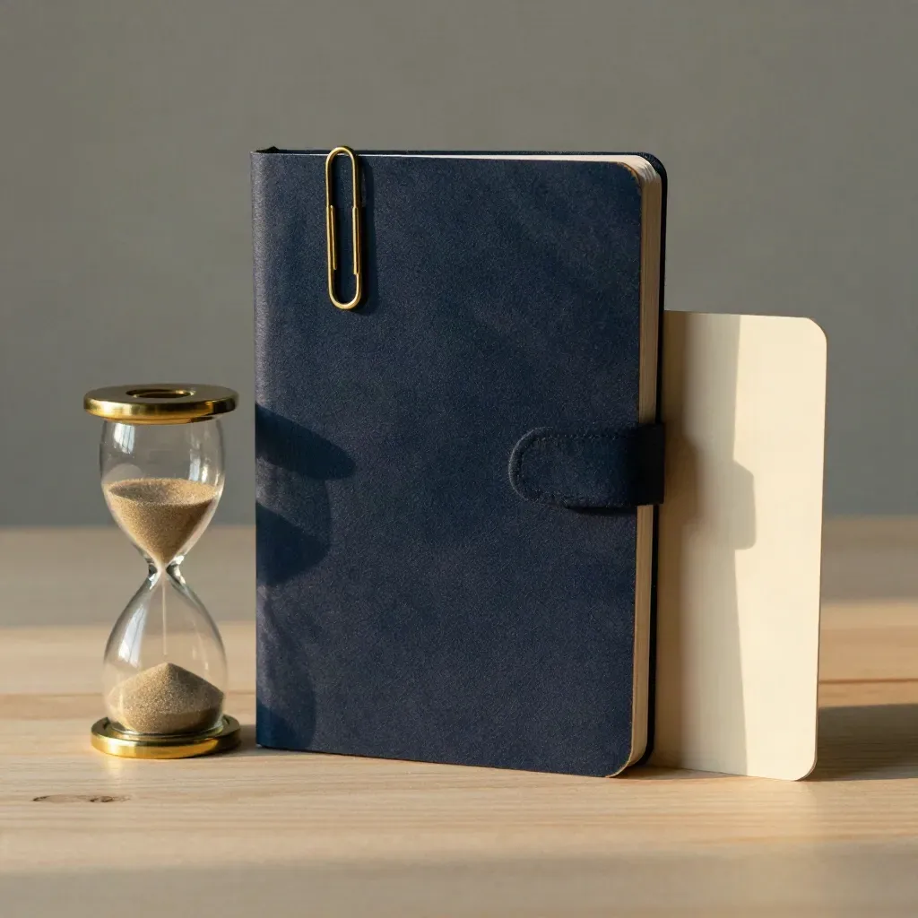 Overhead still life of navy notebook, brass clip, sand timer, and cream index card on pale wood.