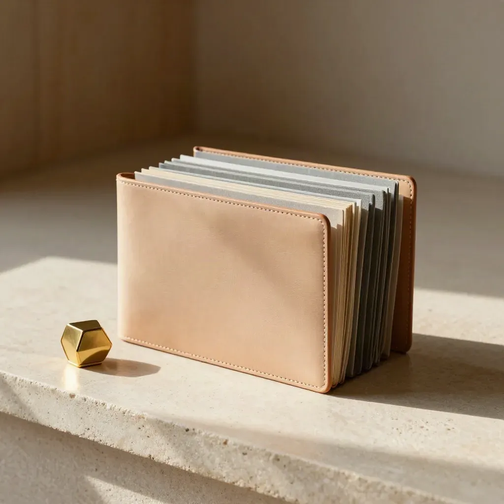 Leather portfolio, tabbed folders and brass object on pale stone in a calm finance still life
