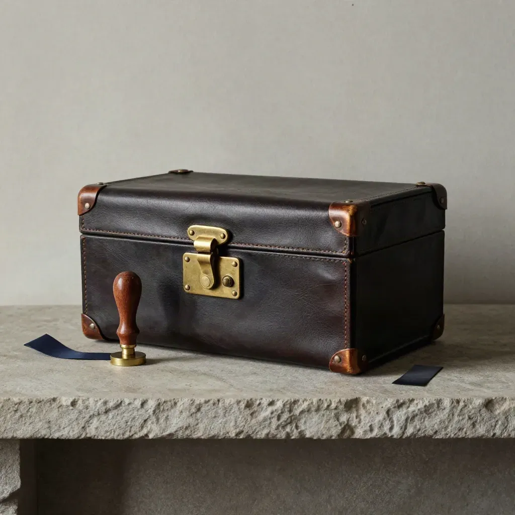 Snapped archive case with brass clasp, wax seal stamp and navy ribbon on stone shelf