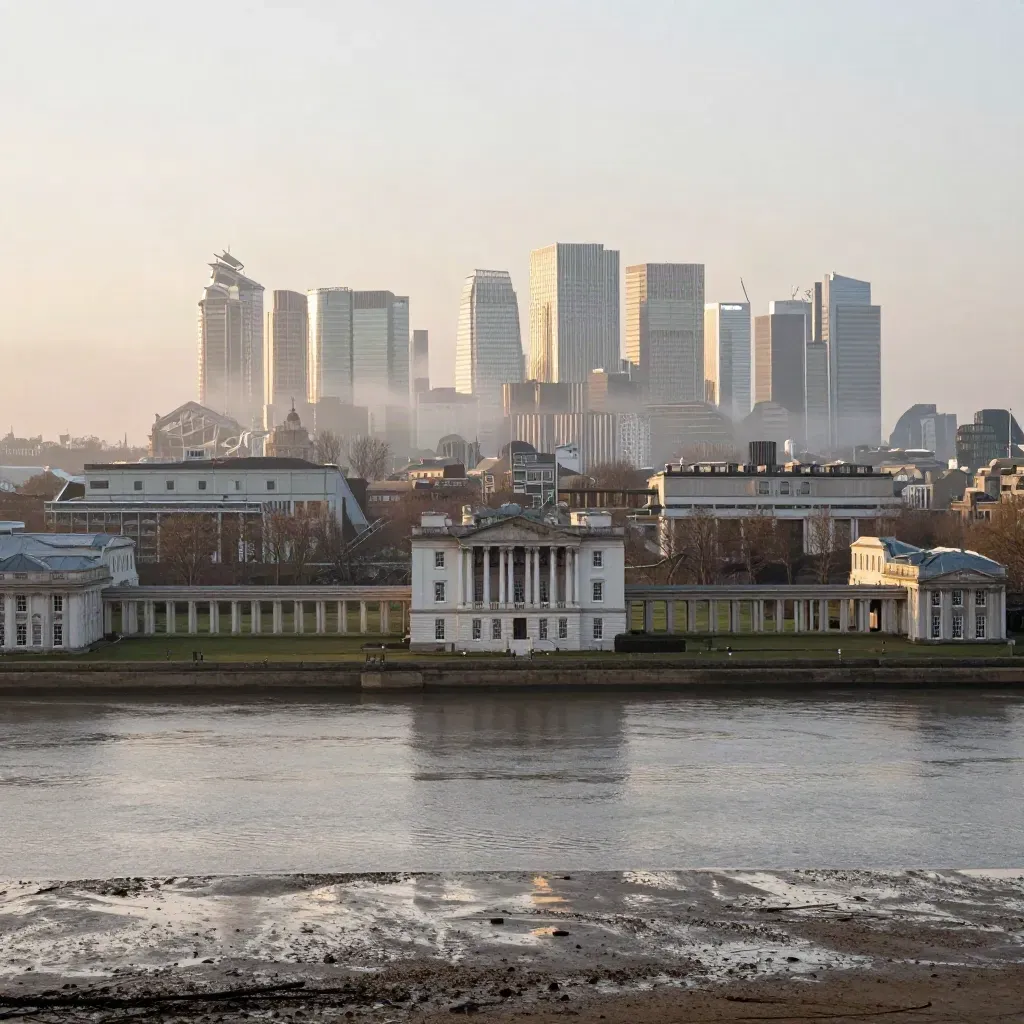 Greenwich view of Canary Wharf at sunrise with misty Thames and calm embankment
