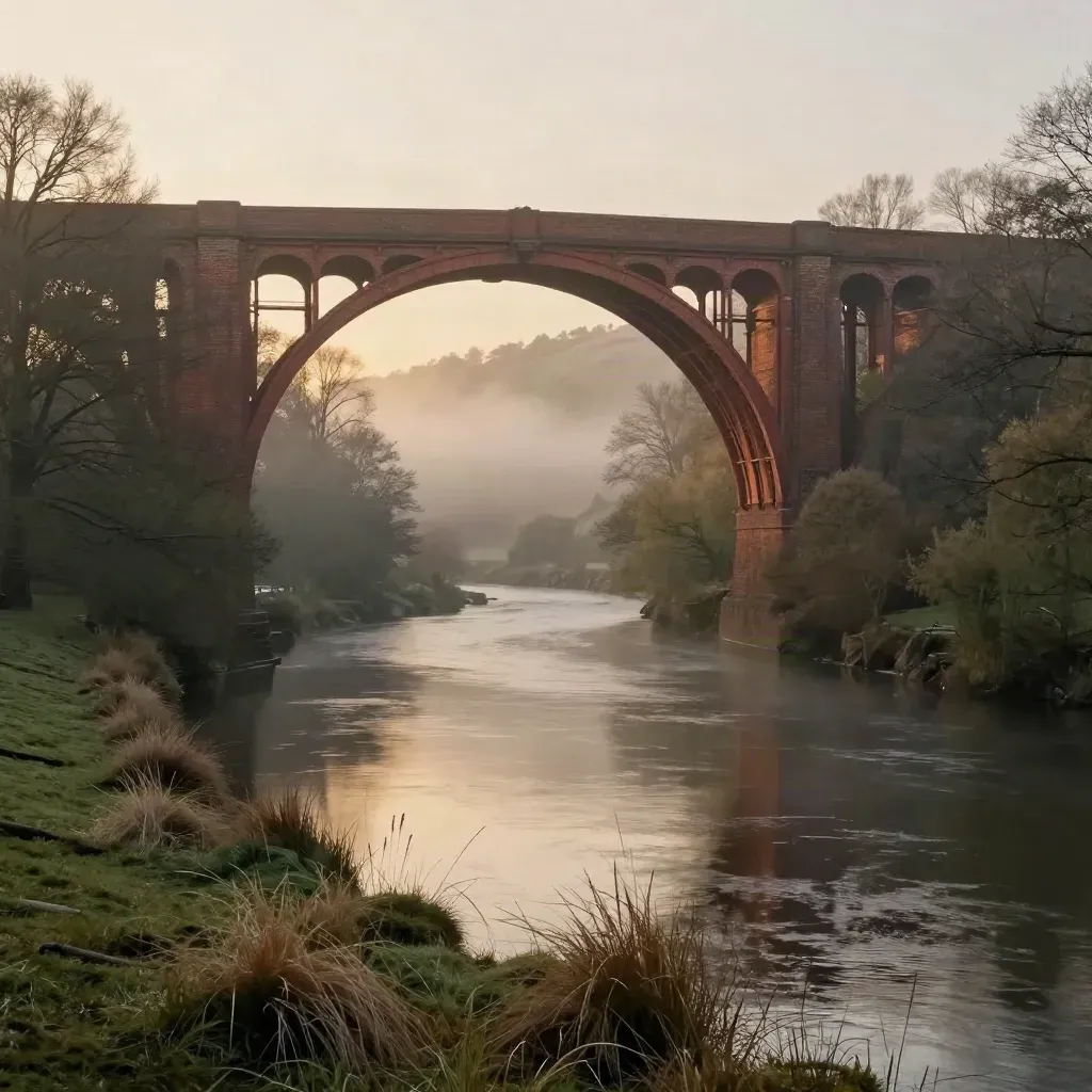 Ironbridge Gorge at sunrise above misty river valley, bridge high with calm space below