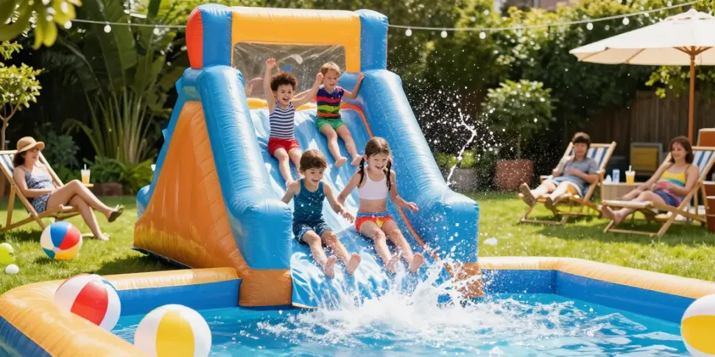 Children sliding in the water on an inflatable water slide at a joyful garden party.