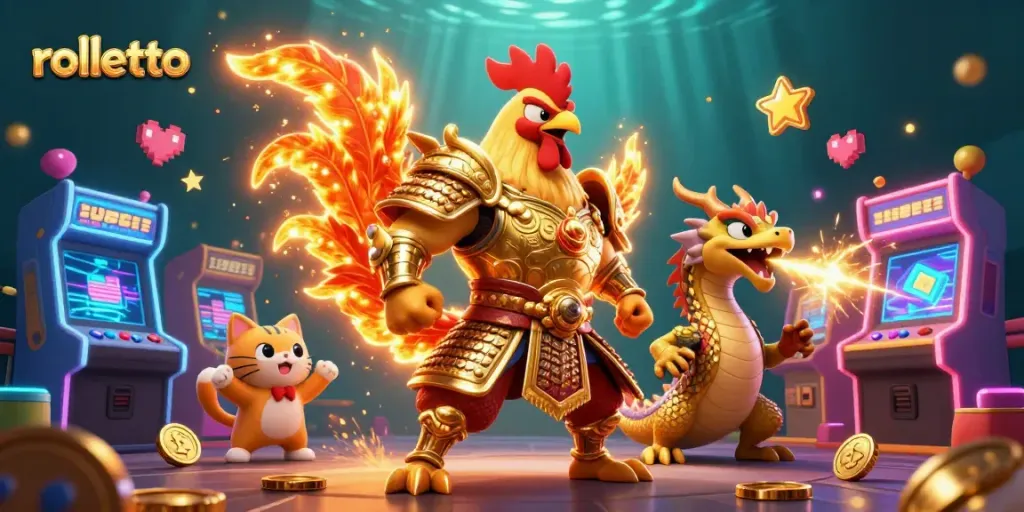 Engage with rolletto: Dynamic cartoon scene showcasing a rooster warrior, dragon hatchling, and fortune cat in a casino setting.