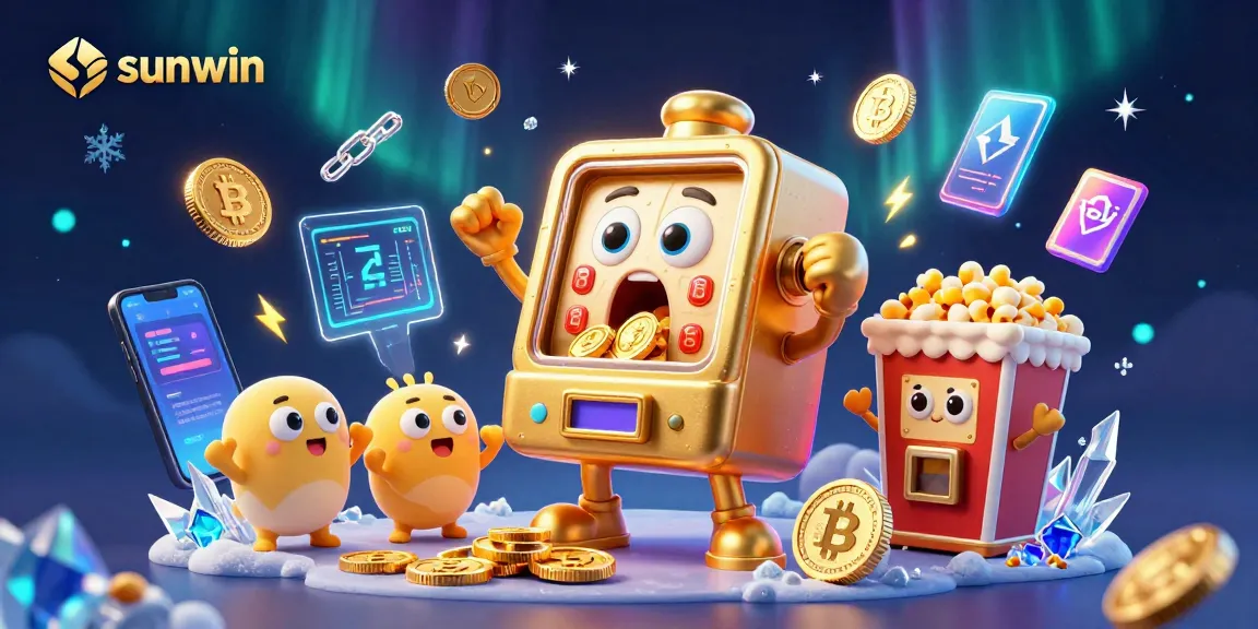 Experience sunwin's thrilling jackpot action with vibrant slot machines and glowing crypto elements.