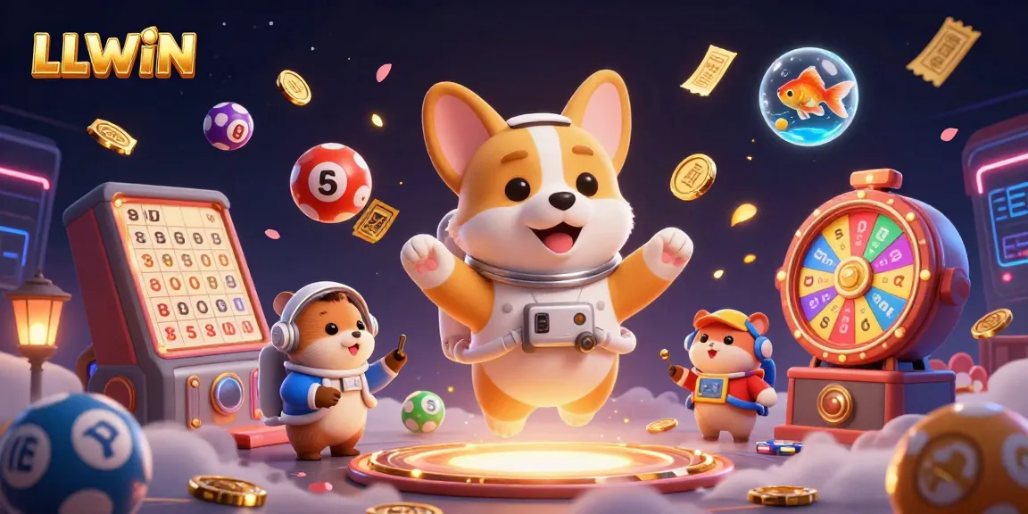 Experience gaming adventures with LLWIN as floating characters engage in a vibrant casino atmosphere.