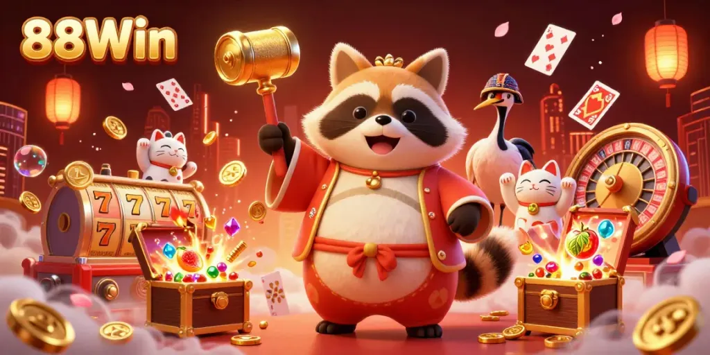 Experience the excitement of 88Win with a lucky tanuki in a vibrant casino scene filled with treasures.