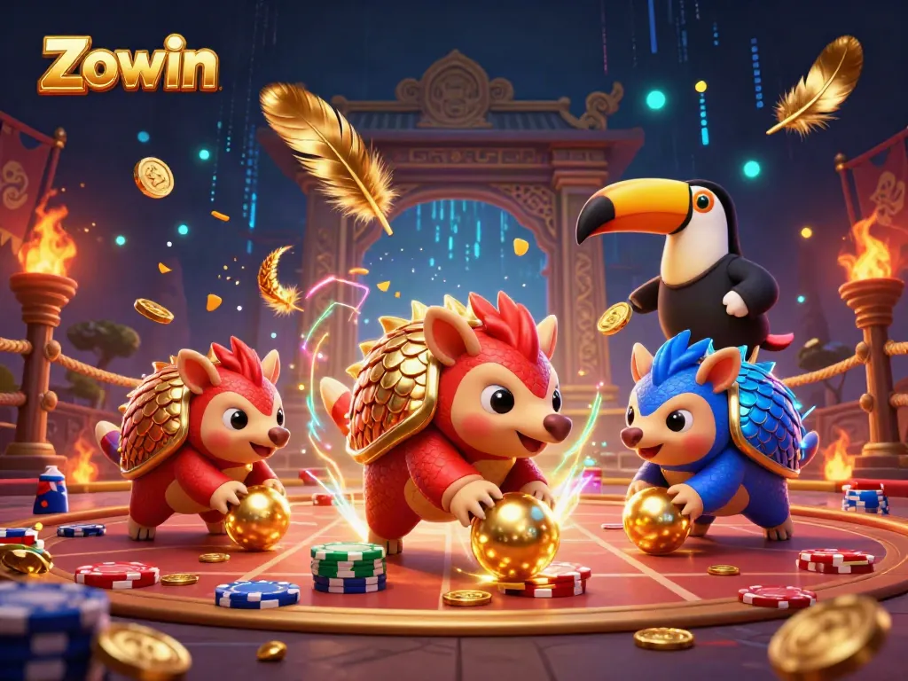 Zowin pangolins compete in an energetic casino scene with vibrant poker chips and golden scales.