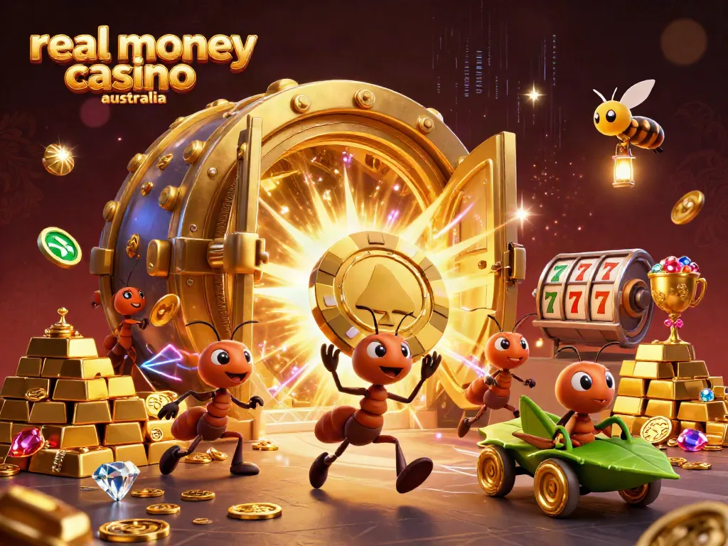 Team of ants running a heist with golden poker chip in a glamorous casino scene for real money casino australia.