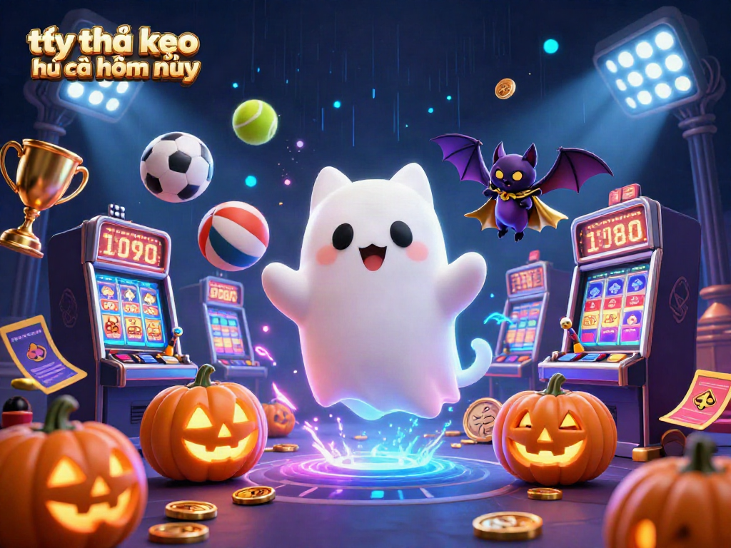 Engage with today’s tỷ lệ kèo nhà cái hôm nay in a vibrant casino illustration featuring a friendly ghost cat and sports elements.