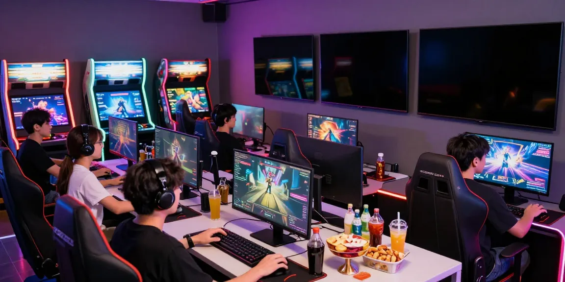 GEM88 gaming lounge with players immersed in online games, showcasing excitement and camaraderie.