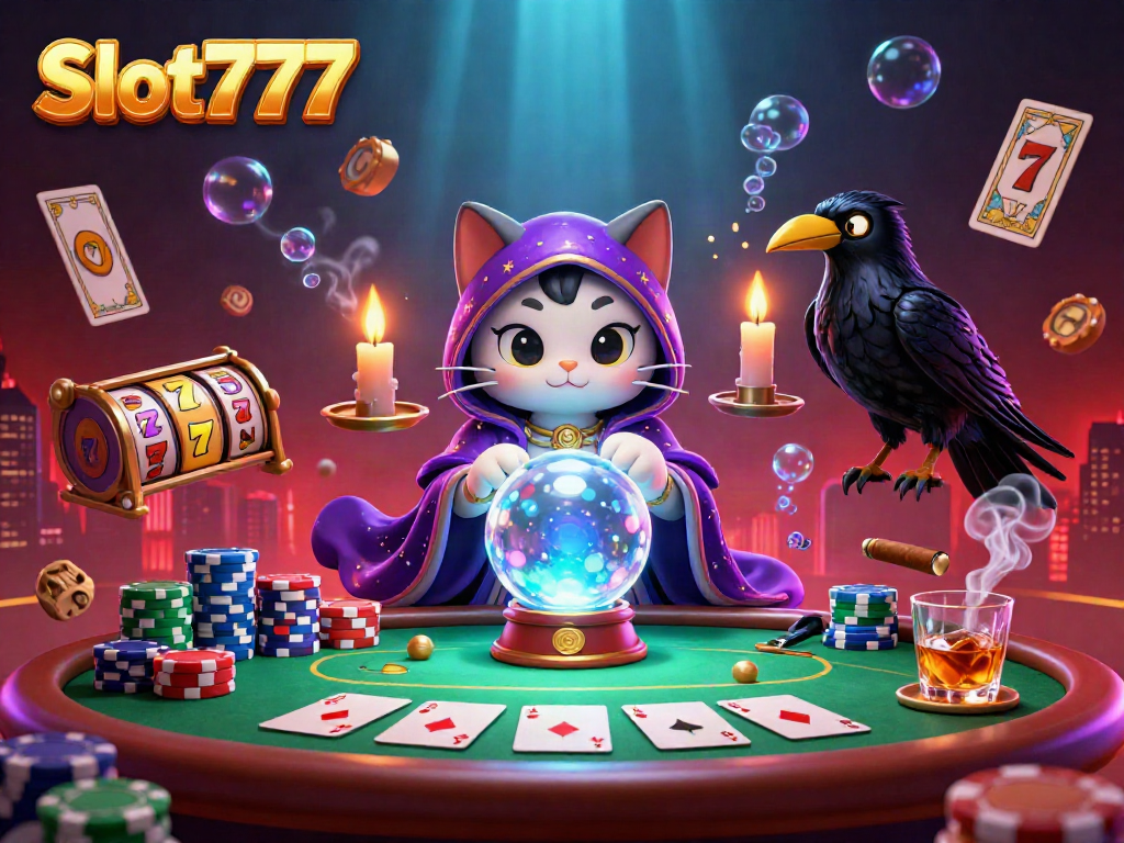 Engage in Slot777 excitement with a mystical scene of gaming elements and fortune tellers.