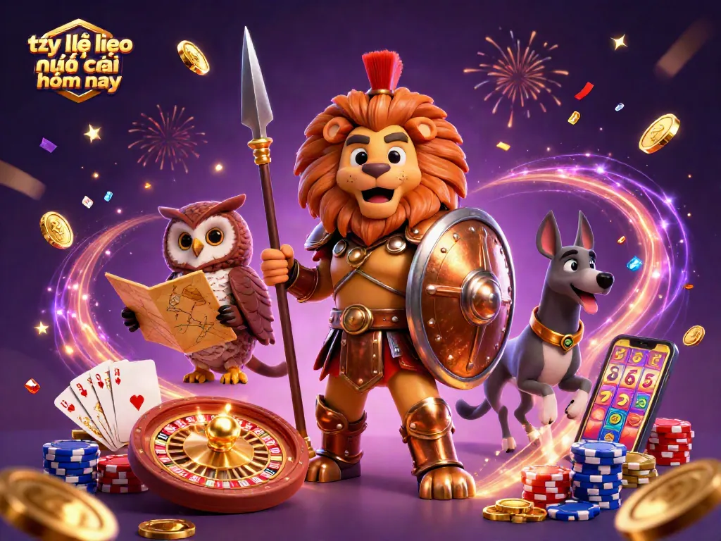 Engaging digital art showcasing tỷ lệ kèo nhà cái hôm nay with a Spartan lion, owl strategist, and greyhound messenger amidst dynamic casino elements.