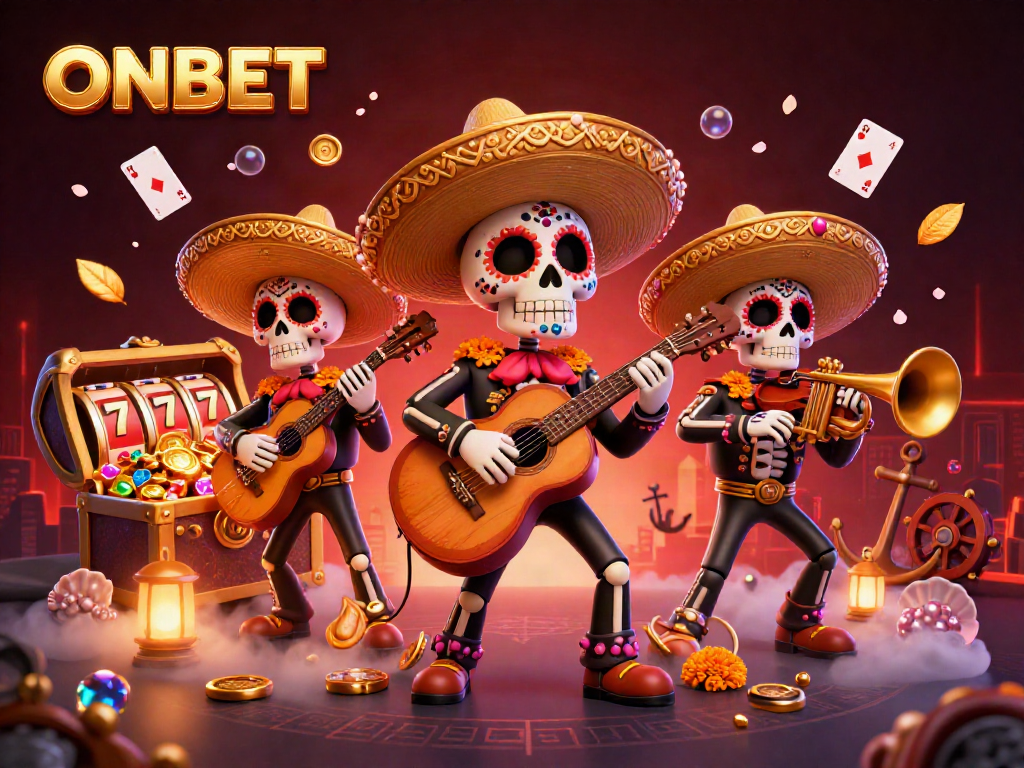 Engage with ONBET casino experience featuring musicians and vibrant treasure elements in a festive atmosphere.