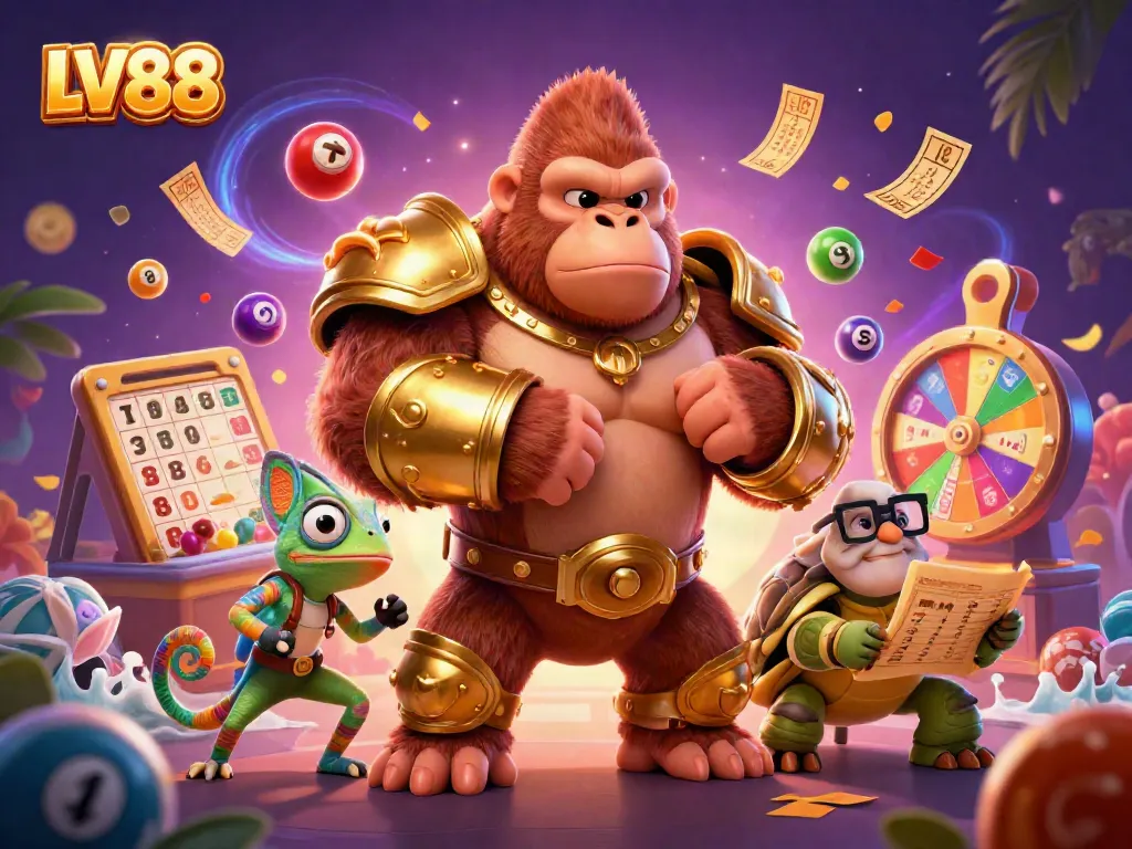 Engage with the thrilling world of LV88, showcasing colorful lottery balls and dynamic gaming elements.