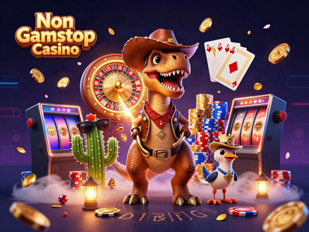 Engage with the exciting world of Non Gamstop Casino featuring cartoon dino, cactus, and roadrunner amidst dynamic casino elements.