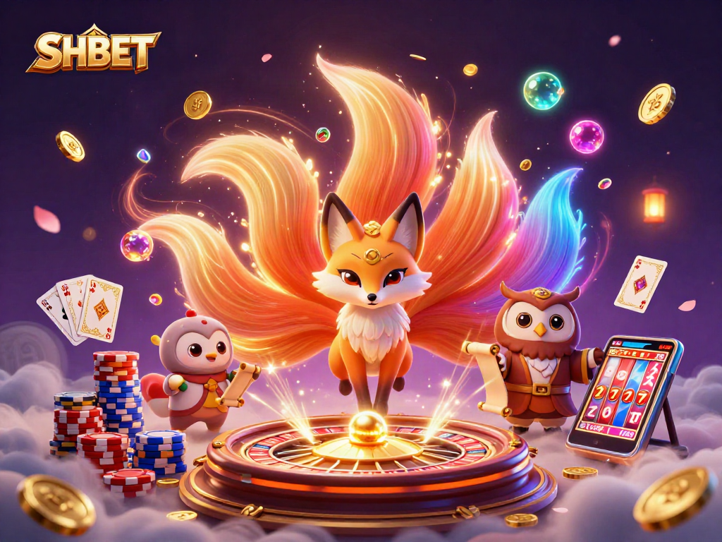Win big with SHBET: dynamic illustration showcasing vibrant casino elements and enchanting characters.