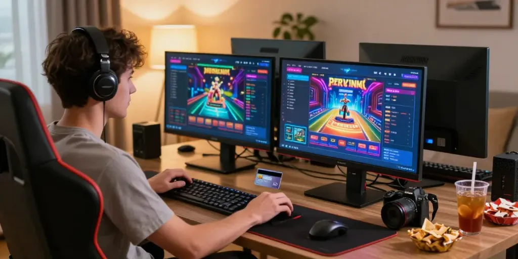 Exciting player experience at credit card casinos UK with engaging gaming setup and vibrant online interface.