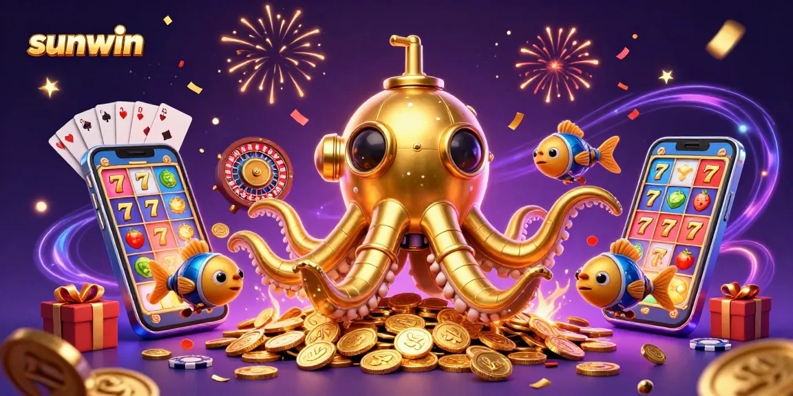 Engage in thrilling games at sunwin with a dynamic 3D casino scene featuring gold coins and vibrant slot games.