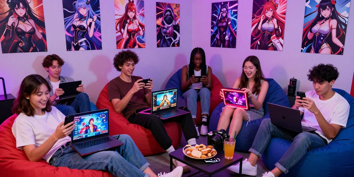 Group of young adults enjoying diverse hentai games on multiple devices in a vibrant, neon-lit gaming room.
